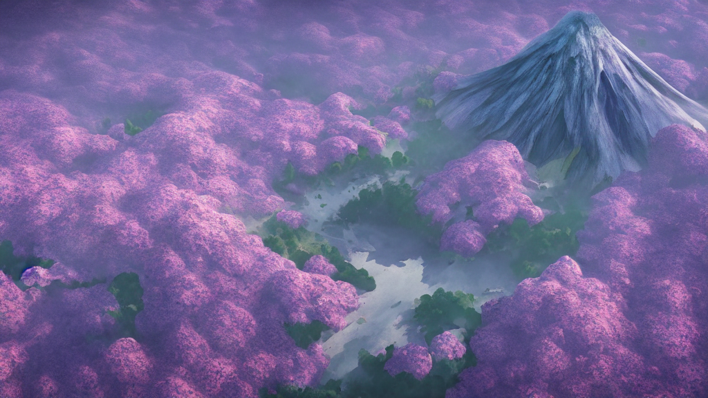 giant violet trees overarching volcano mountain, view from the air, by sylvain sarrailh, rossdraws, ambient light, ultra detailed, fantasy artwork, 8 k, volumetric lighting, trending on artstation, award winning, very beautiful.
