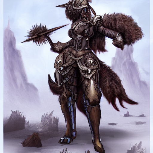 fantasy concept art, armored female Minotaur, brown fur with white spots