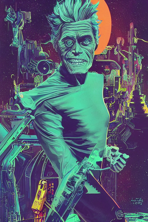 Willem Dafoe as Rick Sanchez, science fiction, retro cover, high details, intricate details, by vincent di fate, artgerm julie bell beeple, inking, vintage 60s print, screen print