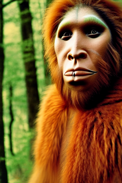 a professional portrait photo of a neanderthal woman forest, face paint, ginger hair and fur, extremely high fidelity, natural lighting, national geographic magazine cover, still from the movie quest for fire