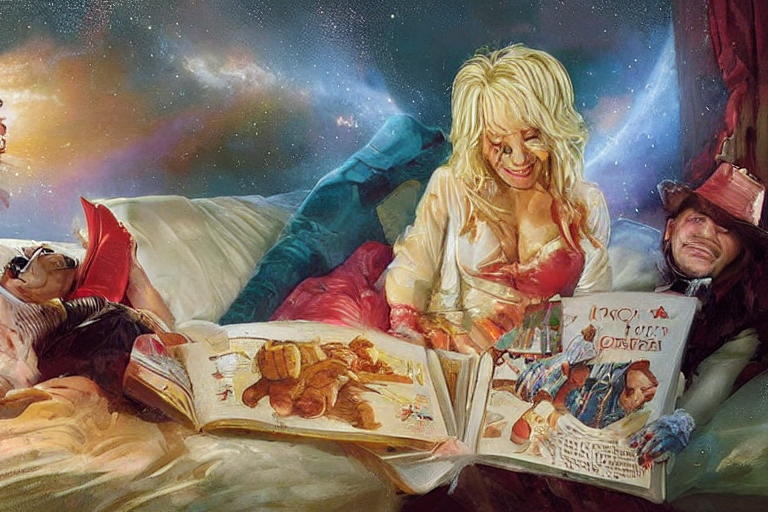 portrait of dolly parton reading a bedtime story to jim carrey in bed, an oil painting by ross tran and thomas kincade
