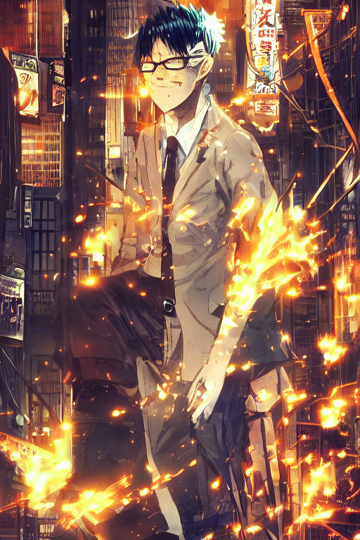 manga cover, orange-headed businessman, intricate cyberpunk city, emotional lighting, character illustration by tatsuki fujimoto, chainsaw man, fire punch