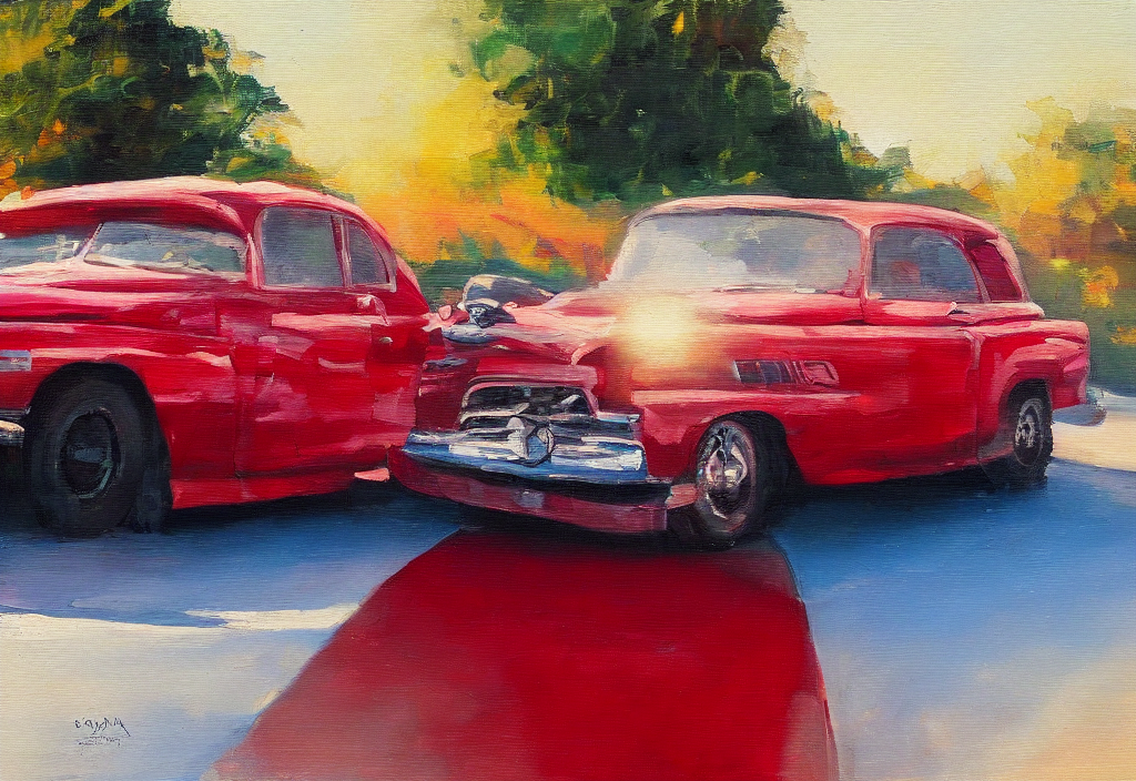 red car, driving, golden hour, brush strokes, peaceful, oil painting