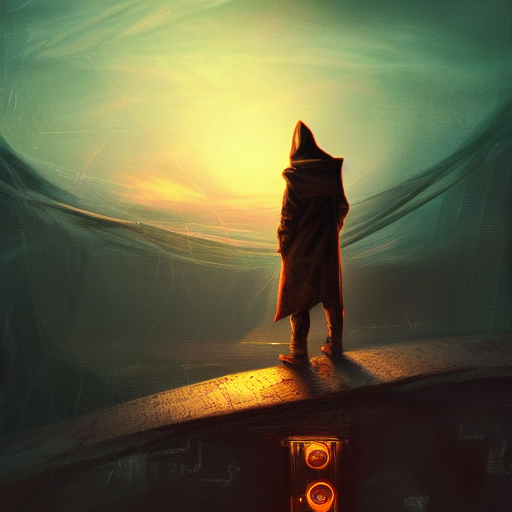 hooded figure standing at the edge of reality gazing into the unknown, sunset on distant machine planet, steampunk, cyberpunk, detailed digital painting, smooth, sharp focus, artstation, artgerm, 4 k ultra hd, fantasy dark art