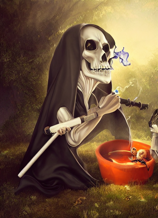 a grim reaper smoking weed in a kiddie pool, very detailed, perfect composition, perfect lighting, 4 k, artgerm