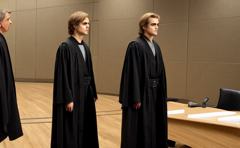 anakin skywalker played by hayden christensen in jedi robes talking to a lawyer saul goodman suit in court, us court, better call saul scene 1 0 8 0 p, court session images, realistic faces