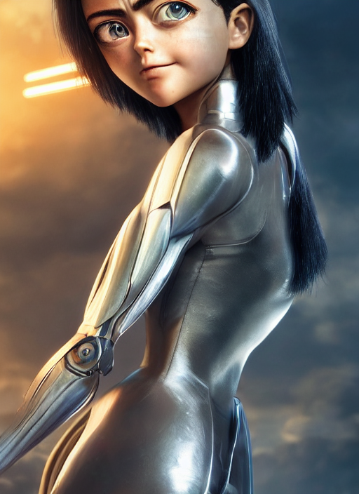 Alita Battle Angel, digital animation, trending on artstation, full body portrait, hyper realistic render, 8k