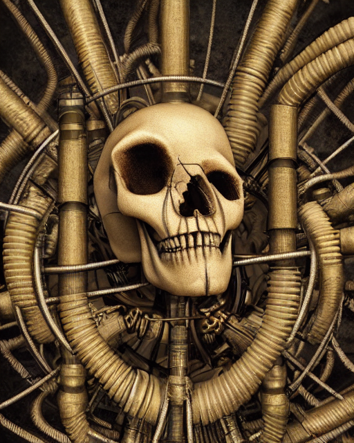 beautiful strange detailed painting 8k resolution A steampunk skull with tubes wires and Dieselpunk scene by Paul Delvaux rendered in octane 8k