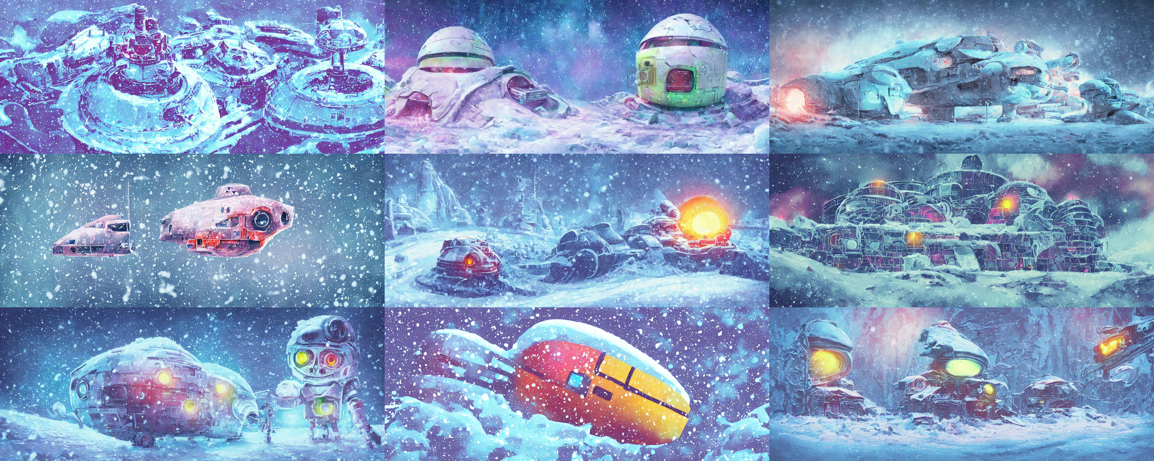 soft focus detailed colorful illustration of a cute damaged alien scout spaceship covered in snow, dystopian world