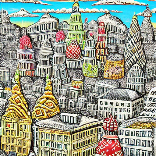 by david bates ultradetailed. a print of a city made entirely out of kulich, a traditional russian easter bread. the city is bustling with activity. the print is playful & whimsical, with a touch of magic.