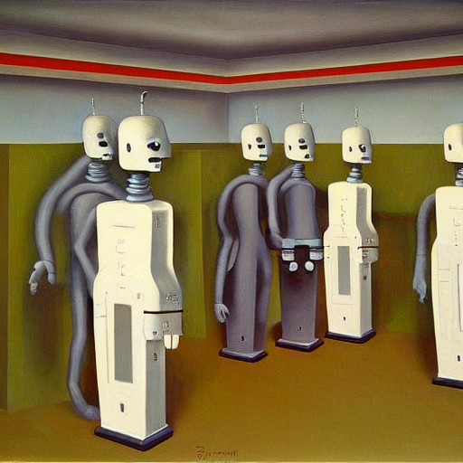 human brains being reprogrammed at a mind control center, robot guards, grant wood, pj crook, edward hopper, oil on canvas