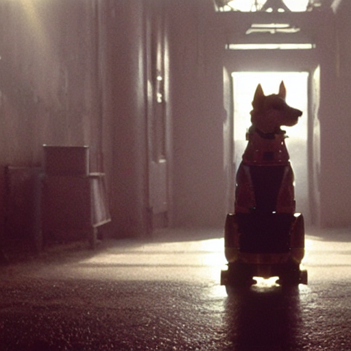 movie still of dog robot white swiss shepperd, cinematic composition, cinematic light, criterion collection, by edgar wright