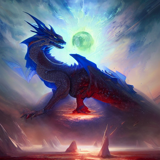 prompt blue crystalline dragon, European dragon, devouring a planet, space, planets, moons, sun system, nebula, oil painting, by Fernanda Suarez and and Edgar Maxence and greg rutkowski