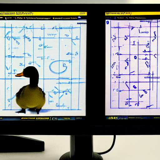 a duck scientist in a lab looking at chemistry molecule diagrams on a screen, the duck sits at a table, super resolution, 8k