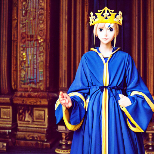 a portrait of saber, an anime character of european girl with a crown and blue and gold robes. her pose is strong and confident as she looks towards the camera. the background is of a grand hall with several windows and tapestries. 8 k photography, high resolution, cinestill 8 0 0 t