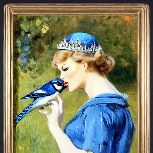 Taylor Swift kissing a bluejay, 1950s, modest, elegant clothing, tiara, Ilya Repin