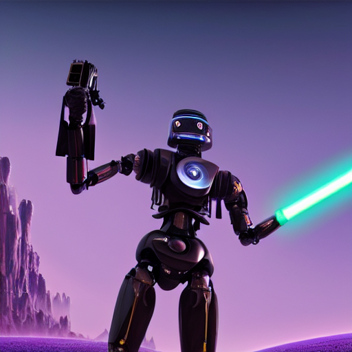 humanoid robot in fighting stance wielding lightsaber in front of a violet planet in the sky, unreal engine, featured on cgsociety, trending on artstation, detailed, scifi futuristic character concept, simon stalenhag, movie still, octane render, hubble telescope, violet planet, stars, hyperrealistic, cinematic, by weta digital, epic action pose