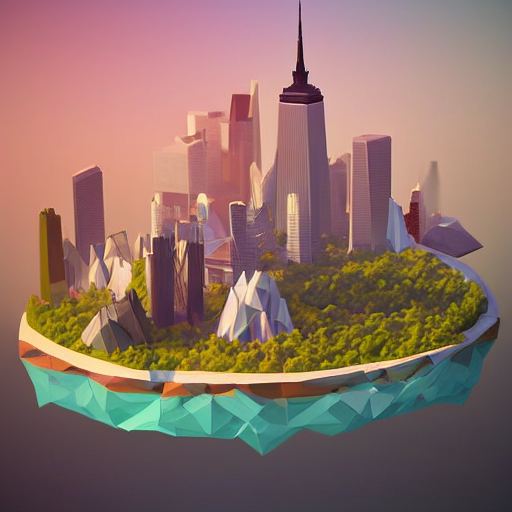 low poly art of a round floating island in the sky with the skyscrapers of New York on it, surrounded by waterfalls, isometric art, 3d render, ray tracing, high detail, artstation, concept art, behance, smooth, sharp focus, ethereal lighting, unreal engine 5