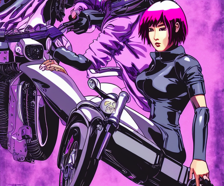 motoko kusanagi riding a cyberpunk vehicle in a grungy cyberpunk megacity, bosozoku gang war, cyberpunk vaporwave, by phil jimenez, artgerm, sola digital arts, anti aliasing, raytracing