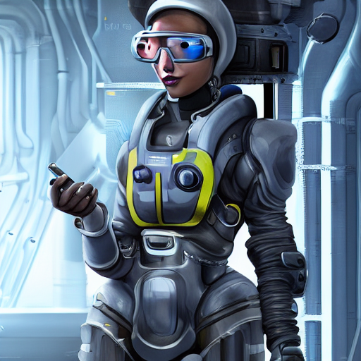 character art of a female engineer wearing high-tech overalls, goggles on her forehead, toolbelt, heavy-duty boots, gloves, videogame character, Starcraft 2, Mass Effect, highly detailed full-body art, futuristic, serious, concentrated, industrial aesthetic, highly detailed, photo realistic, technical atmosphere, 8K, octane render, unreal engine - 256