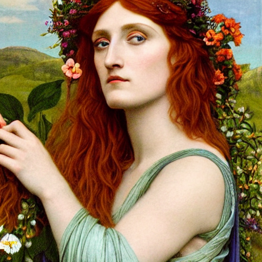 Florence Welch as a Pre-Raphaelite goddess of nature in the style of John William Godward, close-up portrait, in focus, flowers and plants, moody, intricate, mystical