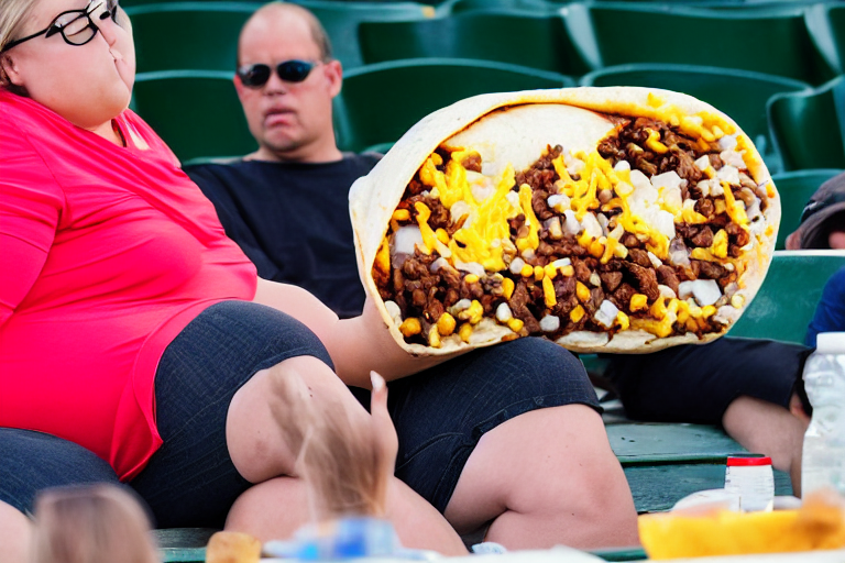 obese woman eating a giant burrito sitting at a baseball game, photograph,
