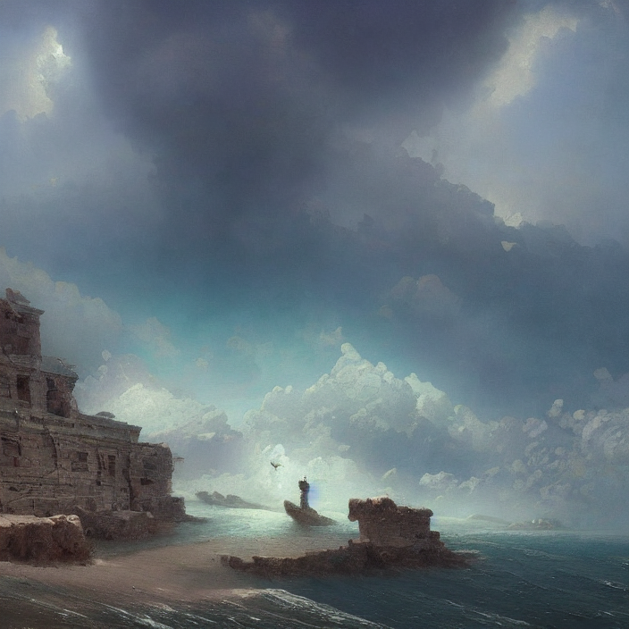 a beautiful painting of ruins on the sea by ivan aivazovsky and zdzisław beksinski and rene magritte and greg rutkowski and james gurney, in style of digital art. hyper detailed, sharp focus, soft light. octane render. ray tracing. trending on artstation