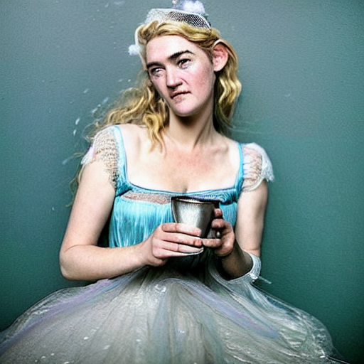 A 18th century, messy, silver haired, (((mad))) elf princess (look like ((young Kate Winslet))), dressed in a //lacy// ((ragged)), wedding dress, is ((drinking a cup of tea)). Everything is underwater! and floating. Greenish blue tones, theatrical, (((underwater lights))), high contrasts, fantasy water color, inspired by John Everett Millais's Ophelia