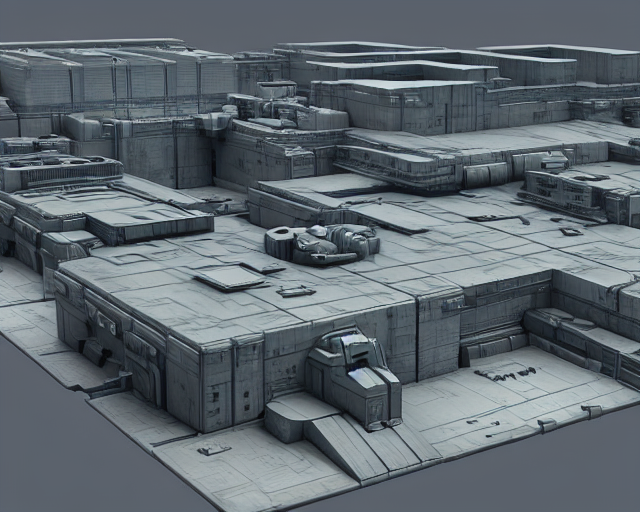 3 d sculpt of a thick square industrial multi story sprawling with walkways military scifi giant warehouse facade gun metal airport inspired by the matrix, star wars, ilm, beeple, star citizen halo, mass effect, starship troopers, elysium, the expanse, high tech industrial, artstation unreal