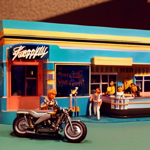 diorama of arnold's diner from happy days with fonzie sitting on his motorcycle out the front, tilt shift