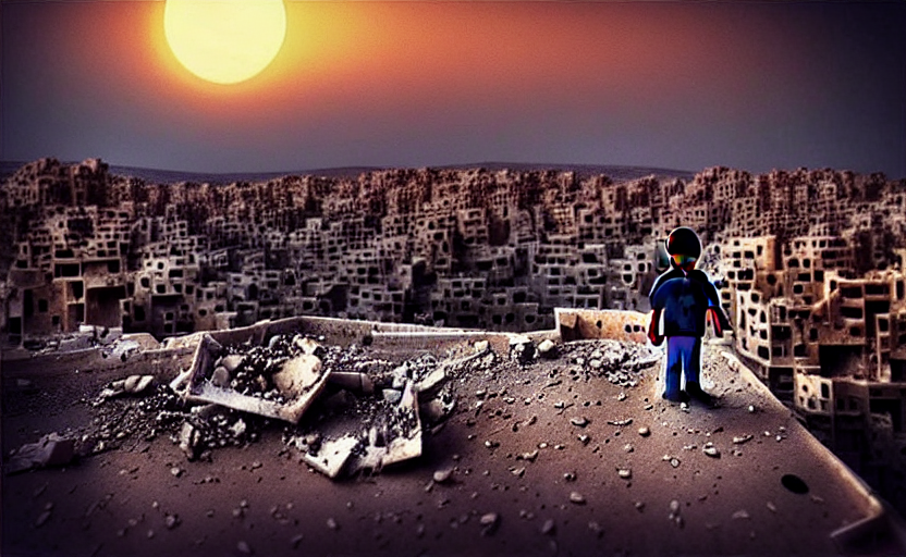 “little boy figure lost, epic view of Hummus in Syria in destruction, evening time clear sky, sad atmosphere, ruins, heartbreaking landscape, hyperdetailed, hyperrealism, trending on artstation, award winning photograph, photorealistic, 8k, concept art, cinematographic, uhd, epic lighting”