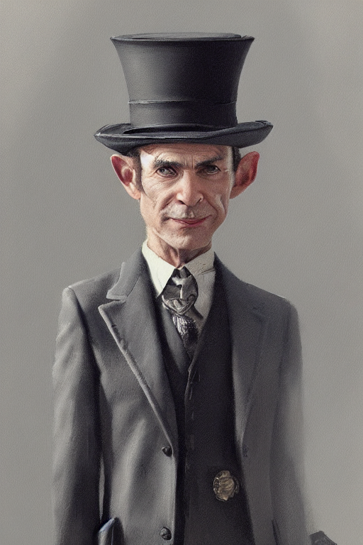 a grey hair halfling top hat and suit no beard by Greg Rutkowski, painting, portrait, HD, high details, trending on artstation
