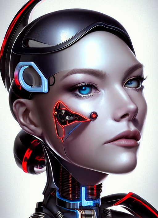 portrait of a cyborg woman who turns her head to the ((((((right))))) left+350 (((((up))))) (((((down))))) by Artgerm,eyes closed , biomechanical, hyper detailled, trending on artstation