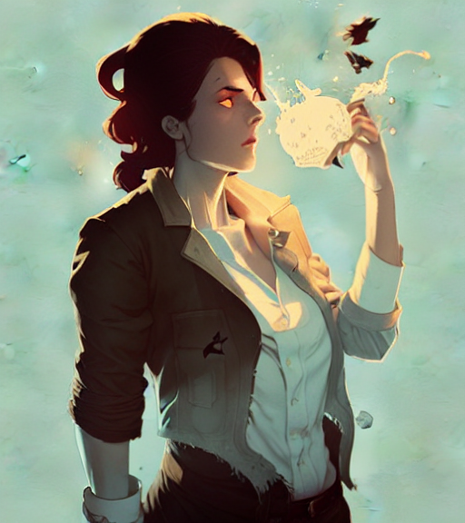 portrait of a female john constantine demons around her by atey ghailan, by greg rutkowski, by greg tocchini, by james gilleard, by joe fenton, by kaethe butcher, dynamic lighting, gradient light blue, brown, blonde cream and white color scheme, grunge aesthetic