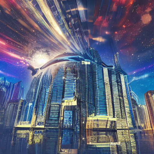 cyberpunk city, lake, spacecrafts, futuristic, giant glass dome in space, golden hour, light diffusion, galaxy, stars, hyperrealistic, award winning, highly detailed, photography, blue, glass, extremely wide angle
