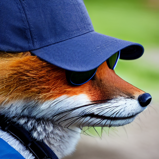 close up of anthropomorphic fox animal, wearing a navy blue utility cap, polarized sports sunglasses, and a bulletproof vest, 8 5 mm f / 1. 4