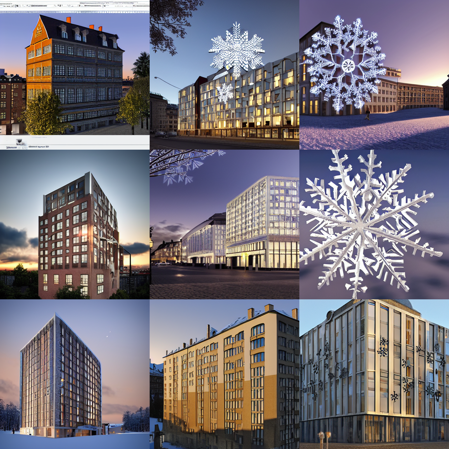 photo of Nobel house Stockholm snowflake 3D rendering Gert wingårdh evening sunset