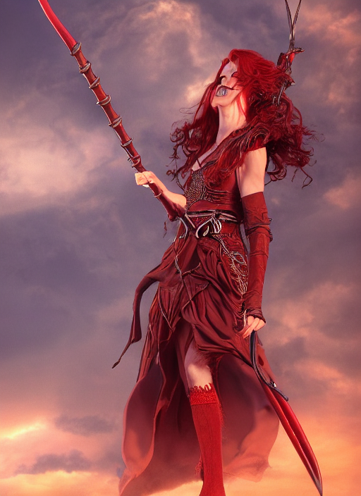 photography of beautiful elf witch red hair, holding a magic staff, d & d fantasy character, detailed matte painting, studio lighting, octane render, larry elmore michael whelan artstation