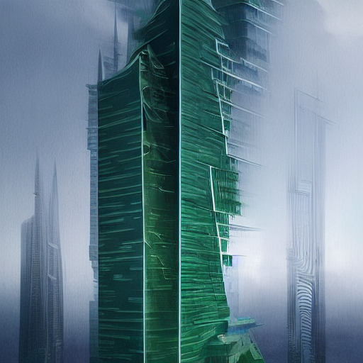 fractal modern skyscraper by Zaha Hadid, white structural geometric elements, dark green glass, very realistic, digital painting, very detailed, cinematic lighting, illustration, artstation, complicated, elegant ,by Beksinski