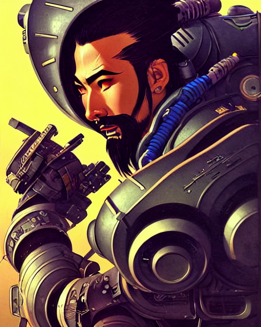 hanzo from overwatch, cyber suit, character portrait, portrait, close up, concept art, intricate details, highly detailed, vintage sci - fi poster, retro future, vintage sci - fi art, in the style of chris foss, rodger dean, moebius, michael whelan, and gustave dore