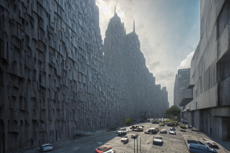streetscape, a towering cathedral of brutalist architecture, buildings covered with greebles, stunning volumetric light, sunset, metal, concrete and translucent material, stunning skies, majestic landscape, trending on Artstation, 8k, photorealistic, hyper detailed, unreal engine 5, IMAX quality, cinematic, epic lighting, in the style of Greg Rutkowski