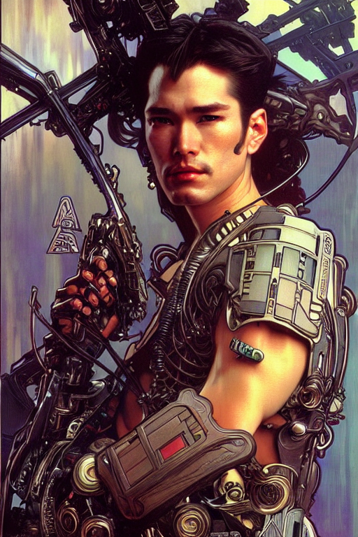 realistic detailed american portrait with a pose of a handsome futuristic samurai in alien cyberpunk armor by alphonse mucha, ayami kojima, amano, greg hildebrandt, and mark brooks, male, masculine, art nouveau, cyberpunk, neo - gothic, gothic, character concept design