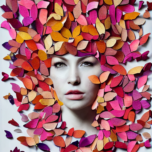 a portrait of a woman constructed from flower petals, collage, drop shadow, organic, layered composition, layers, texture, mcu, petals, butterflies, ðŸ¦‹, highly textured, layered, sculpted, dynamic,