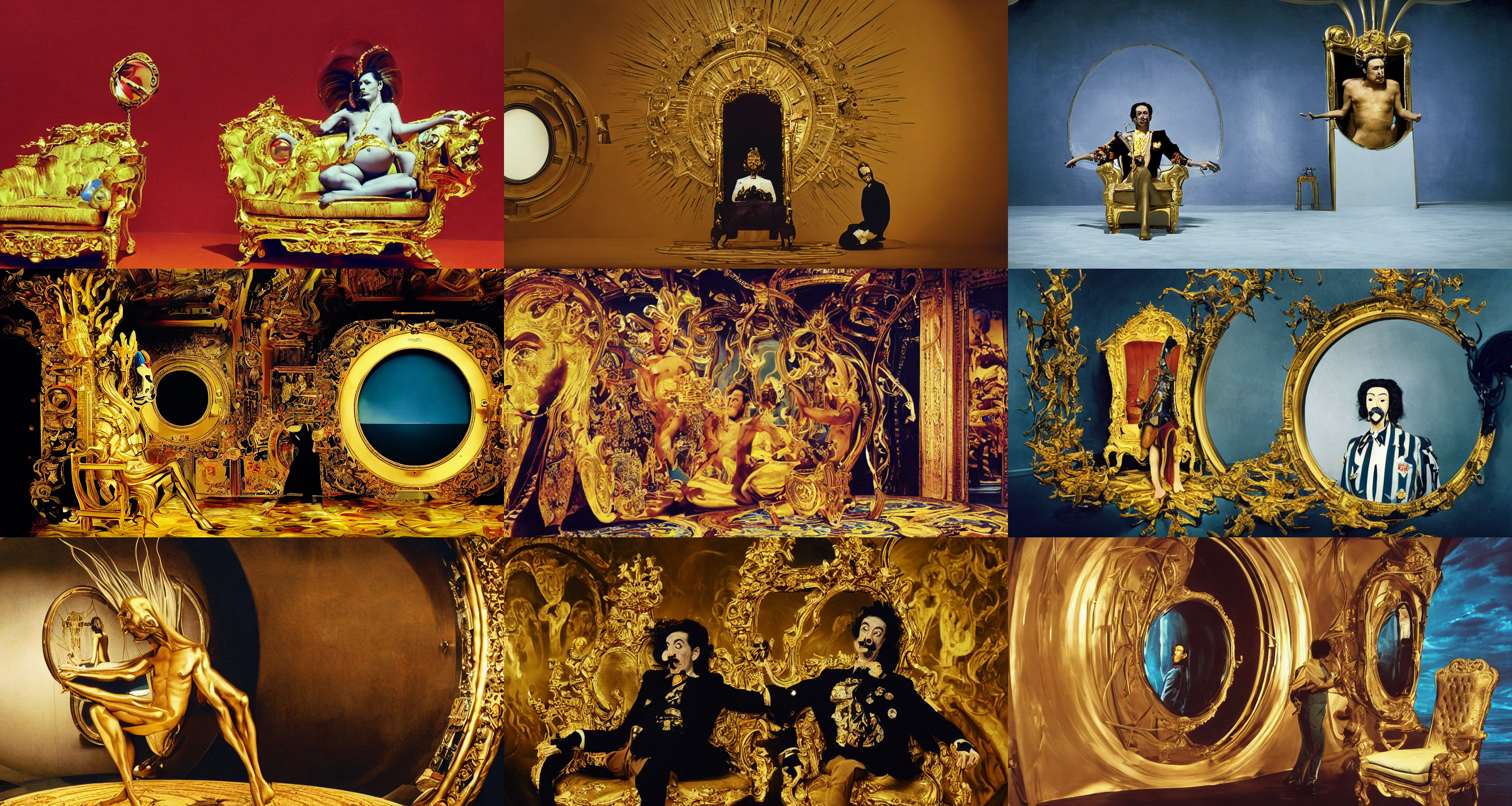 foreground : crazy magnificent emperor which looks like salvador dali sits on a gold chair in a dark room | background : a huge porthole in which space is visible | from the movie by alejandro jodorowsky with the cinematography of christopher doyle and art direction by hans giger, anamorphic lens, kodachrome, 8 k
