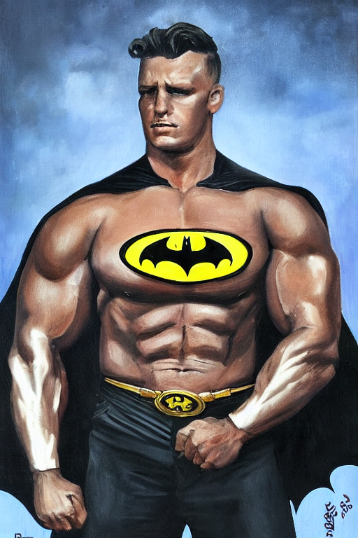 A portrait painting of a masculine bodybuilder in the clothing of the Batman