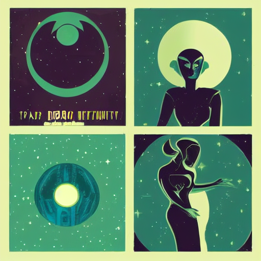 art deco of a space woman, teal palettes, Alien horror inspired, random