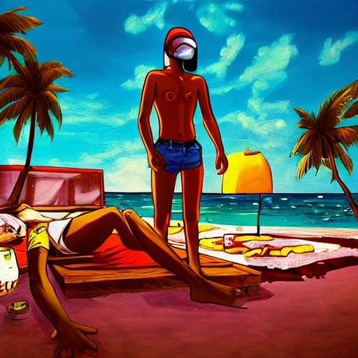 Main character of Hotline Miami video game sunbathing at the beach, digital painting, detailed, realism