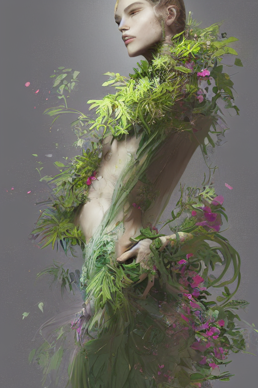 detailed 2d illustration, trending on artstation, unique, elegant, beautiful, a woman with clothing made of plants, uses her magic to create new life, by Ruan Jia, 4K