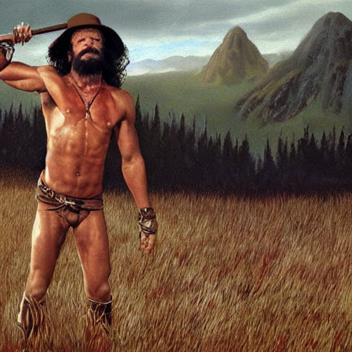 randy savage with a ladder posing in grassy plains | fantasy painting | middle earth | game of thrones | conan | barbarian