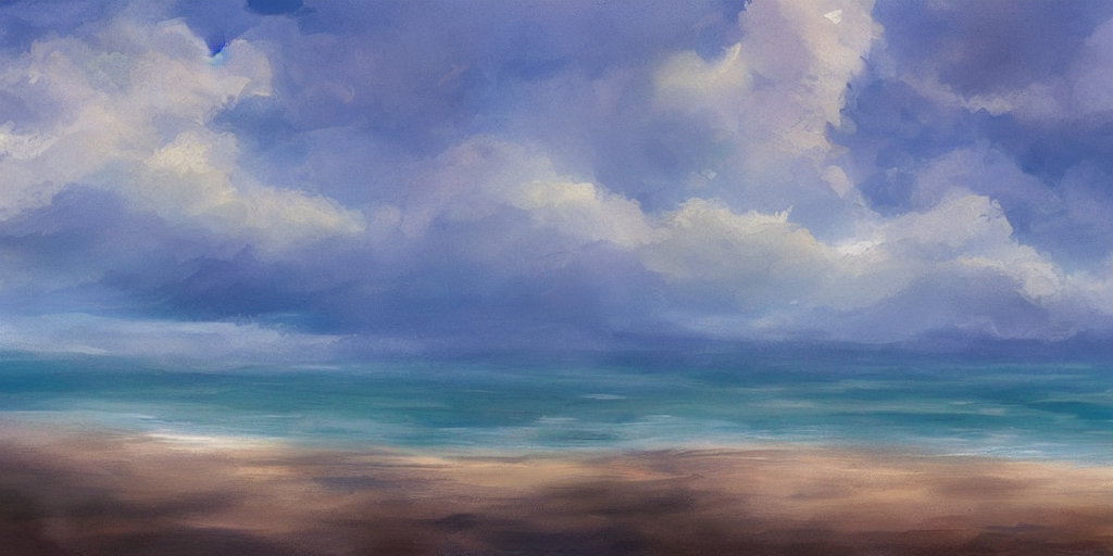 painterly concept art landscape with oceans, clouds, and birds